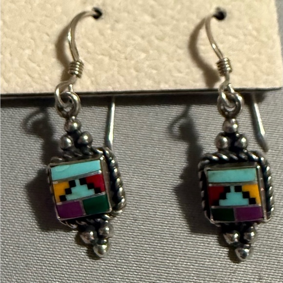 Vintage Colorful Mosaic Drop Sterling Silver Stamped Earrings - Picture 1 of 6